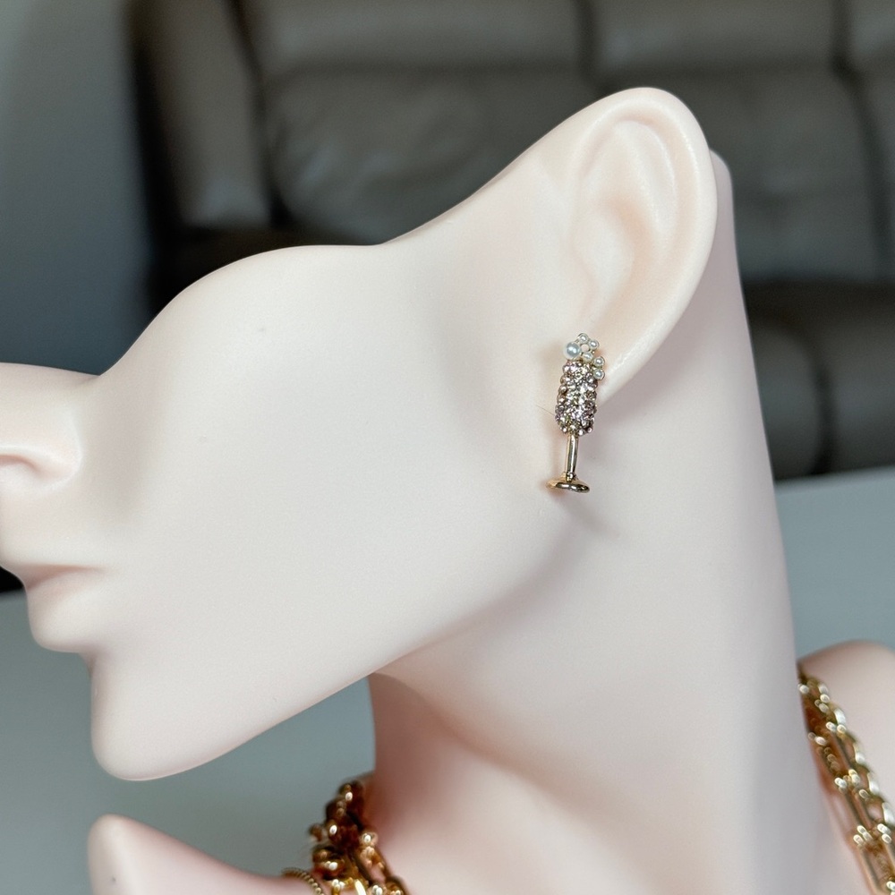 Crystal Cluster Champagne Glass Drop Earrings - Gold Tone